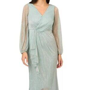 Adrianna Papell Green Sheer Sleeve V-Neck Metallic Mesh Tulip Hem Gown Size 16